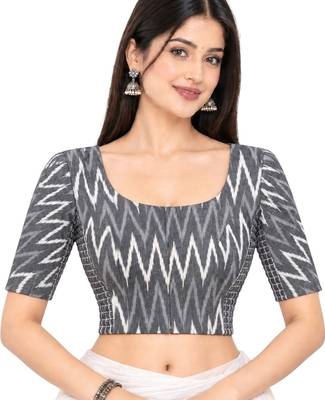 Side smocked stretchable grey ikkat cotton printed non padded readymade saree blouse 1