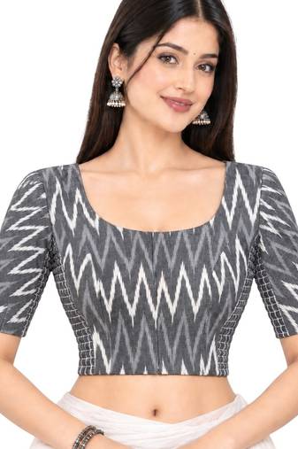 Side smocked stretchable grey ikkat cotton printed non padded readymade saree blouse