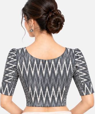 Side smocked stretchable grey ikkat cotton printed non padded readymade saree blouse 2