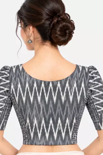 Side smocked stretchable grey ikkat cotton printed non padded readymade saree blouse