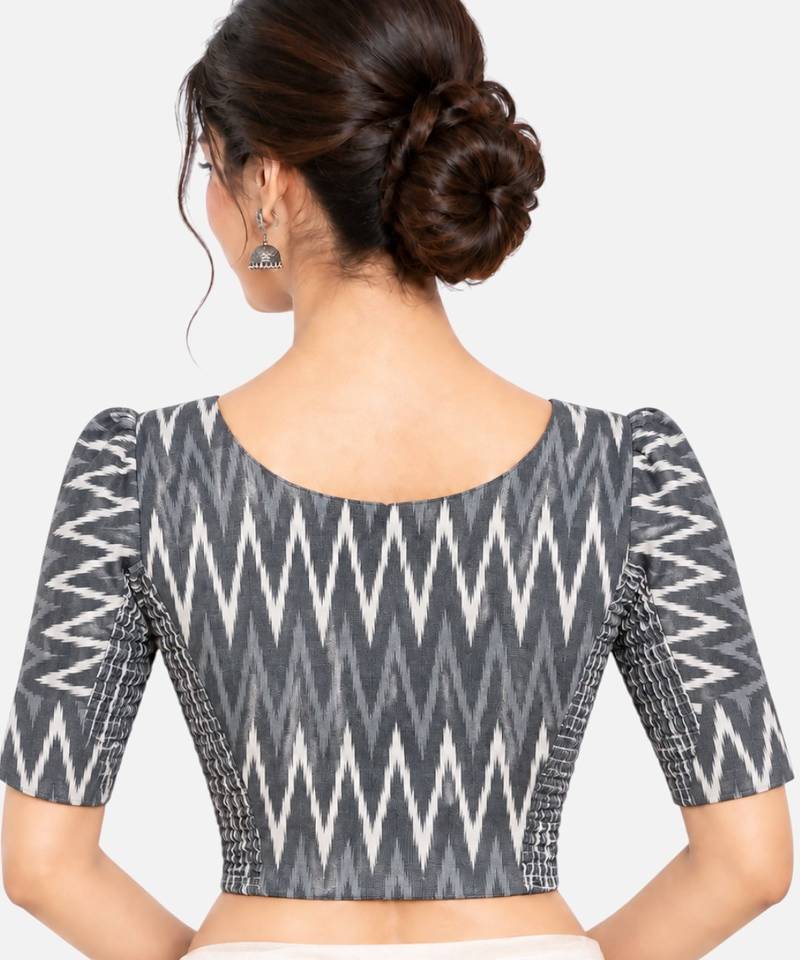 Side smocked stretchable grey ikkat cotton printed non padded readymade saree blouse