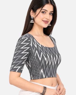Side smocked stretchable grey ikkat cotton printed non padded readymade saree blouse 3