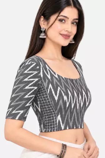 Side smocked stretchable grey ikkat cotton printed non padded readymade saree blouse