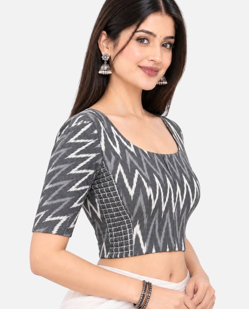 Side smocked stretchable grey ikkat cotton printed non padded readymade saree blouse