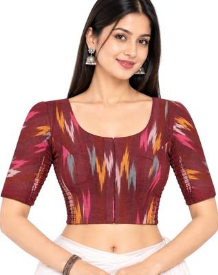 Side smocked stretchable maroon ikkat cotton printed non padded readymade saree blouse 1