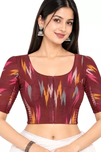 Side smocked stretchable maroon ikkat cotton printed non padded readymade saree blouse