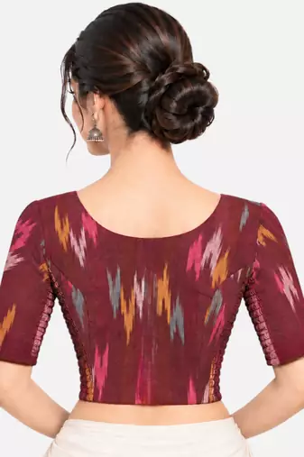 Side smocked stretchable maroon ikkat cotton printed non padded readymade saree blouse