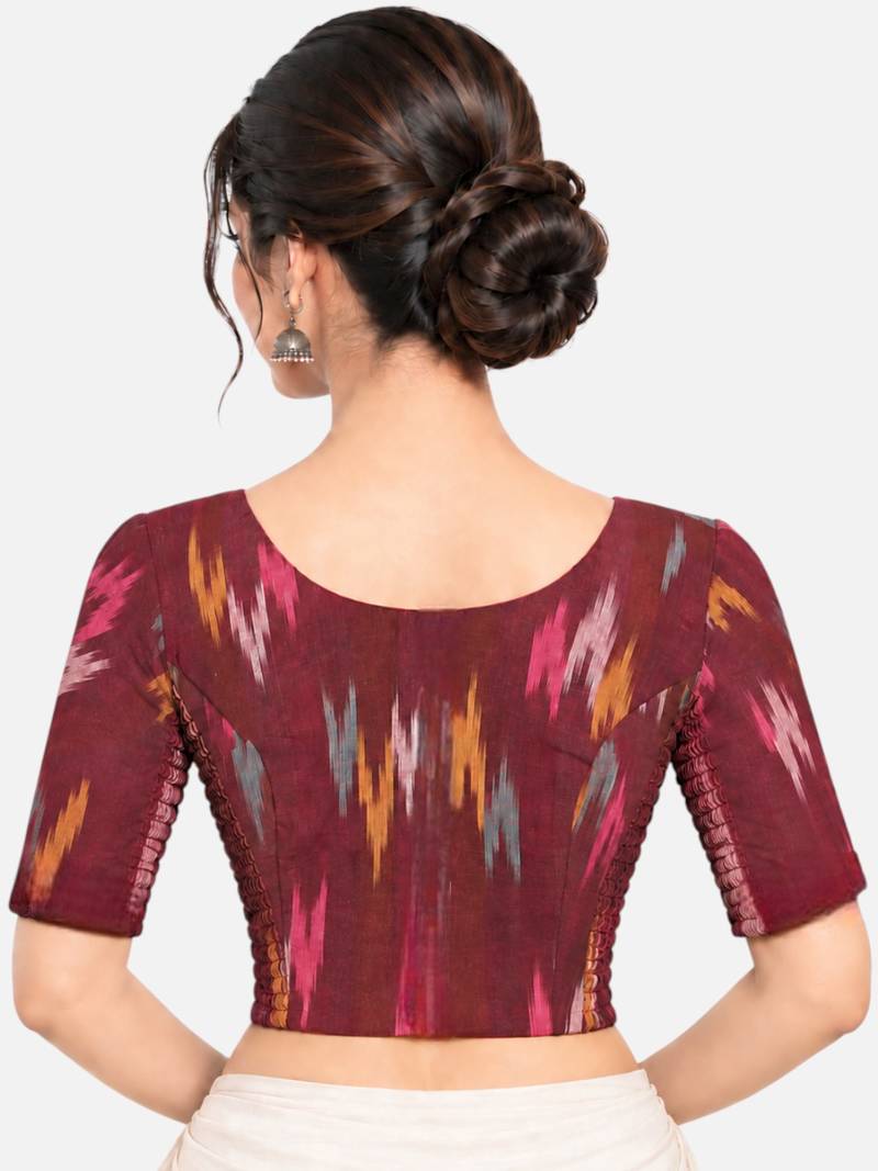 Side smocked stretchable maroon ikkat cotton printed non padded readymade saree blouse