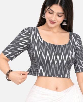Side smocked stretchable grey ikkat cotton printed non padded readymade saree blouse 5