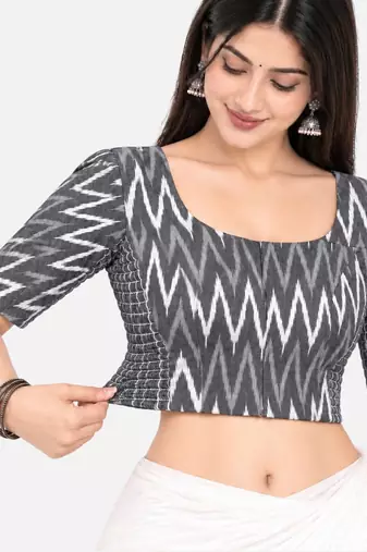 Side smocked stretchable grey ikkat cotton printed non padded readymade saree blouse