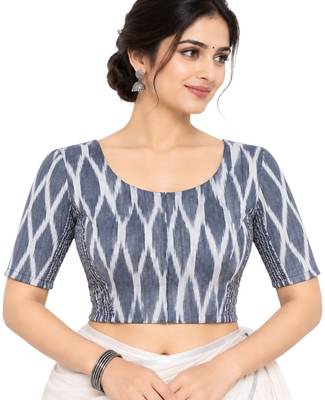 Side smocked stretchable grey ikkat cotton printed non padded readymade saree blouse 1