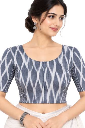 Side smocked stretchable grey ikkat cotton printed non padded readymade saree blouse