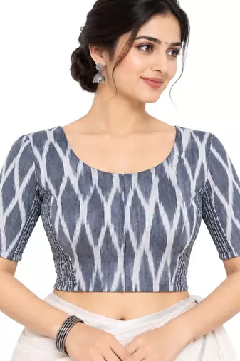 Side smocked stretchable grey ikkat cotton printed non padded readymade saree blouse