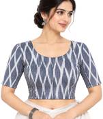 Side smocked stretchable grey ikkat cotton printed non padded readymade saree blouse