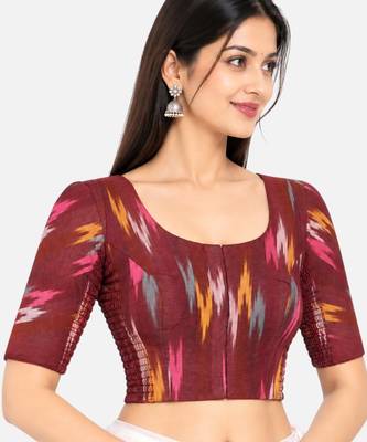 Side smocked stretchable maroon ikkat cotton printed non padded readymade saree blouse 3