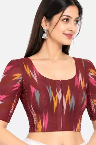 Side smocked stretchable maroon ikkat cotton printed non padded readymade saree blouse