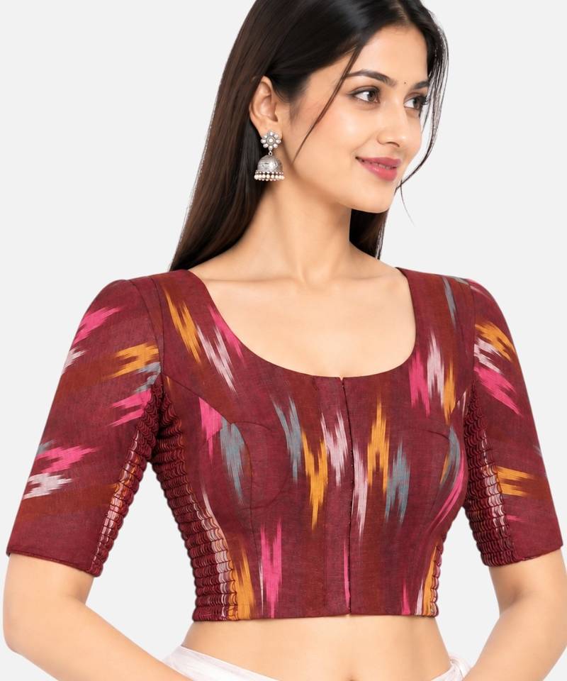 Side smocked stretchable maroon ikkat cotton printed non padded readymade saree blouse