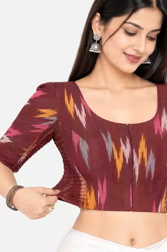Side smocked stretchable maroon ikkat cotton printed non padded readymade saree blouse