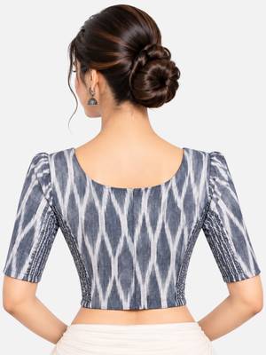 Side smocked stretchable grey ikkat cotton printed non padded readymade saree blouse 2