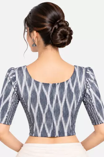 Side smocked stretchable grey ikkat cotton printed non padded readymade saree blouse