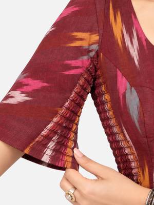 Side smocked stretchable maroon ikkat cotton printed non padded readymade saree blouse 5
