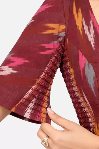 Side smocked stretchable maroon ikkat cotton printed non padded readymade saree blouse