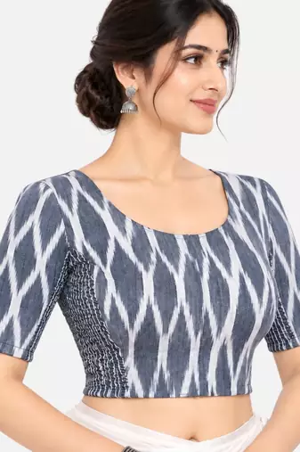 Side smocked stretchable grey ikkat cotton printed non padded readymade saree blouse