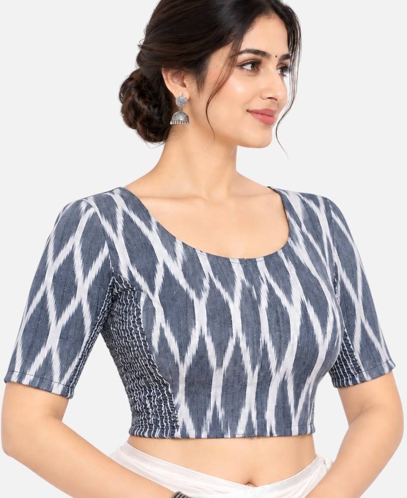 Side smocked stretchable grey ikkat cotton printed non padded readymade saree blouse