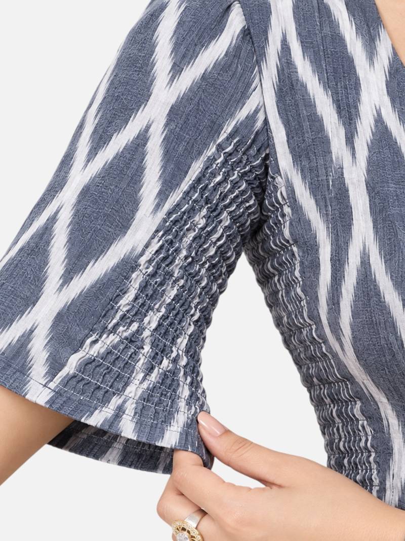 Side smocked stretchable grey ikkat cotton printed non padded readymade saree blouse