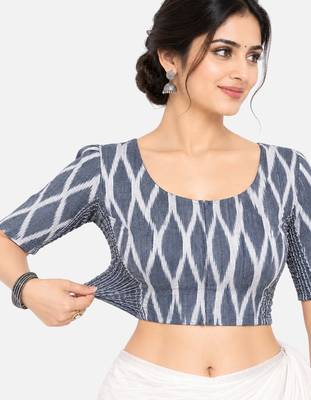 Side smocked stretchable grey ikkat cotton printed non padded readymade saree blouse 5