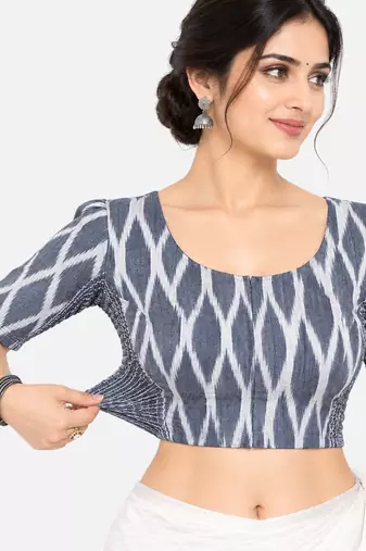Side smocked stretchable grey ikkat cotton printed non padded readymade saree blouse
