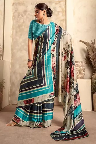 multicolour printed crepe casual wear saree