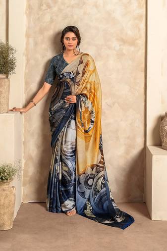 multicolour printed crepe casual wear saree