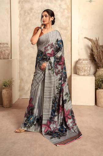 gray printed crepe casual wear saree