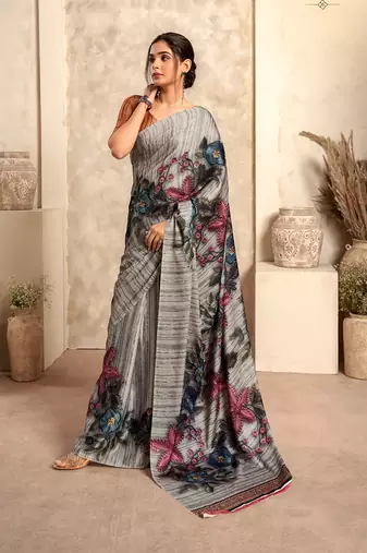 gray printed crepe casual wear saree