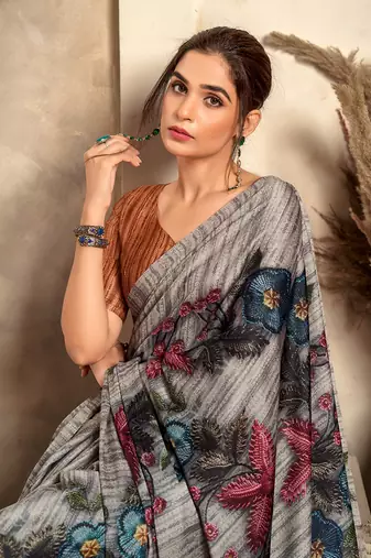 gray printed crepe casual wear saree