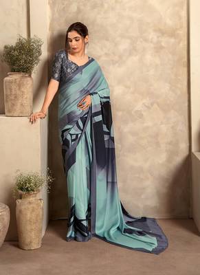 powder blue printed crepe casual wear saree 1