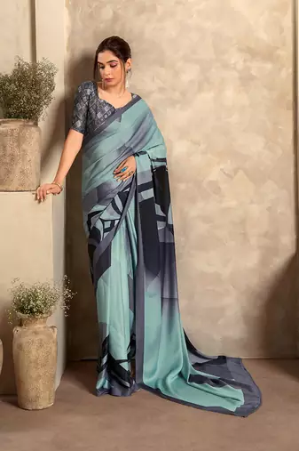powder blue printed crepe casual wear saree