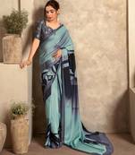 powder blue printed crepe casual wear saree