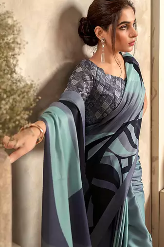 powder blue printed crepe casual wear saree