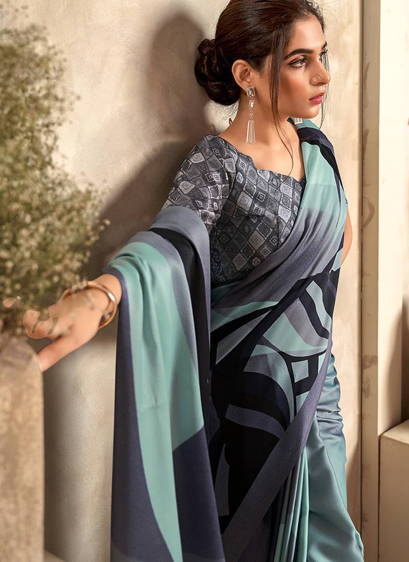 powder blue printed crepe casual wear saree