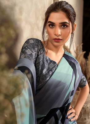 powder blue printed crepe casual wear saree 3