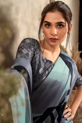 powder blue printed crepe casual wear saree