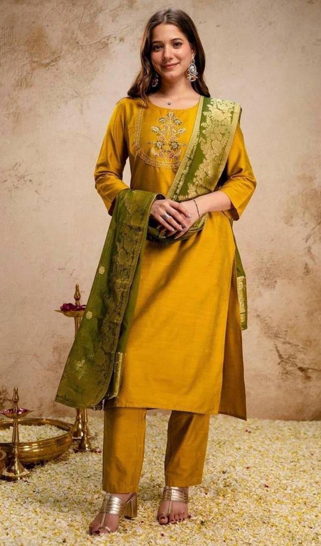 yellow silk blend heavy thread embroidery work semi stitched suit
