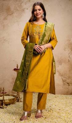 yellow silk blend heavy thread embroidery work semi stitched suit 1