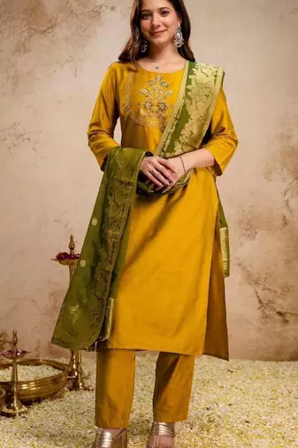 yellow silk blend heavy thread embroidery work semi stitched suit