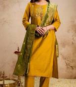 yellow silk blend heavy thread embroidery work semi stitched suit