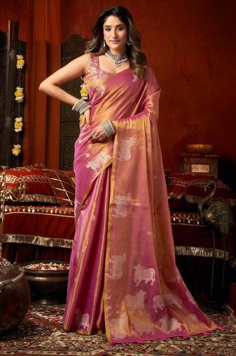 Magenta zari woven tissue traditional saree with blouse