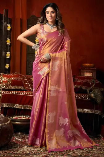 Magenta zari woven tissue traditional saree with blouse