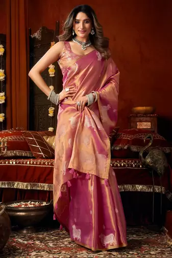 Magenta zari woven tissue traditional saree with blouse